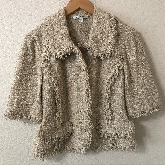 St. John Tweed Knit Shimmer Blazer Jacket Tassel Trim in Beige - Size 12 - Picture 1 of 8